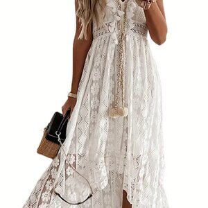 Boho White Lace Hem Floral V Neck Shabby Chic Party Maxi Dress XL (12)